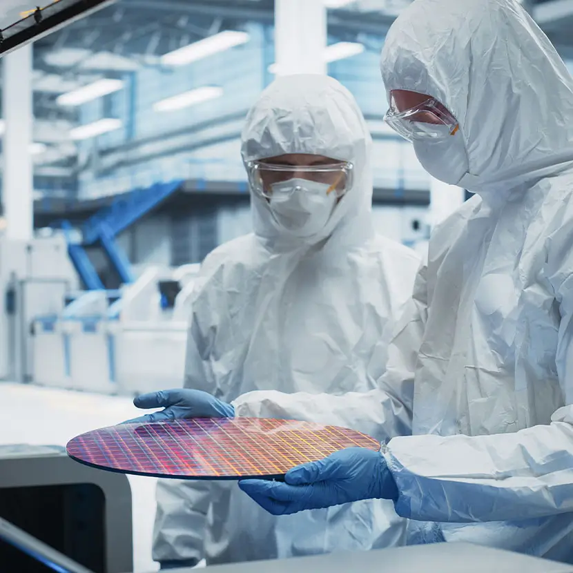 Technicians in cleanroom environment inspecting semiconductor wafer for contamination control
